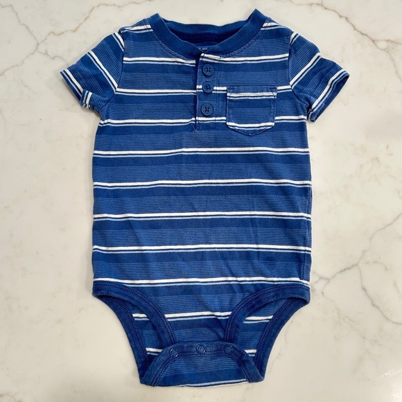 OshKosh B'gosh - 9M - Blue Striped Button Down Short-Sleeve Bodysuit - Clean! - Picture 1 of 4